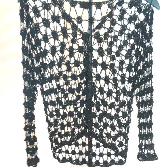 CEJION Wms Black Stretch Crochet & Beaded Fishnet Mesh Cardigan Top S/M - Picture 7 of 9